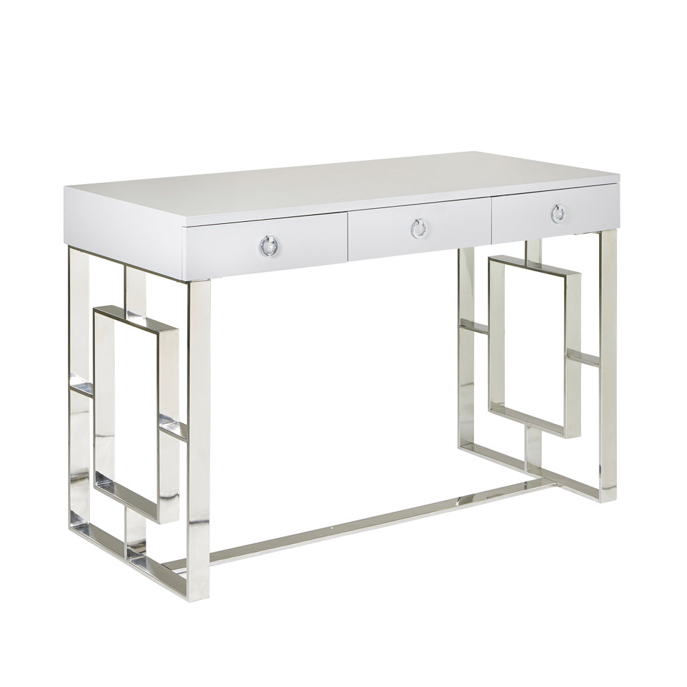 Modern Luxe High Gloss White Desk with Polished Metal Frame