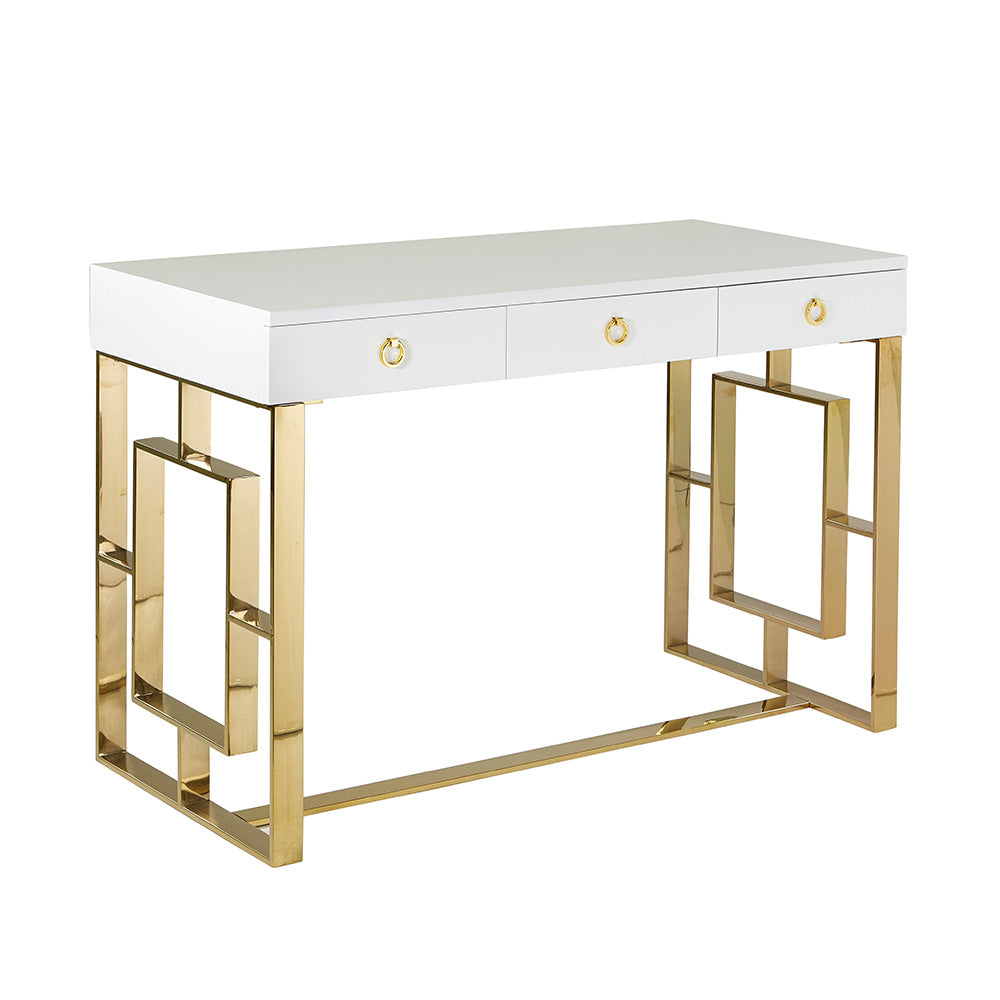 Modern Luxe High Gloss White Desk with Polished Metal Frame