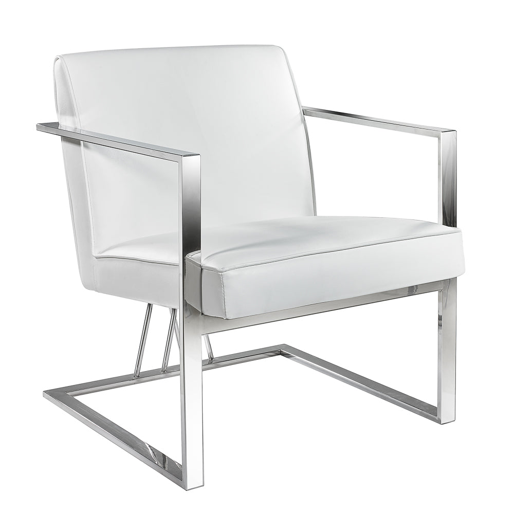 Sleek Fairmont White Leatherette Accent Chair with Polished Steel Frame