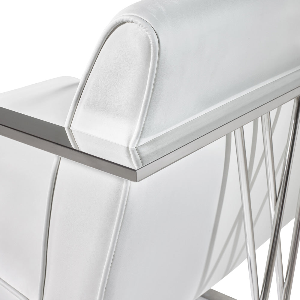 Sleek Fairmont White Leatherette Accent Chair with Polished Steel Frame