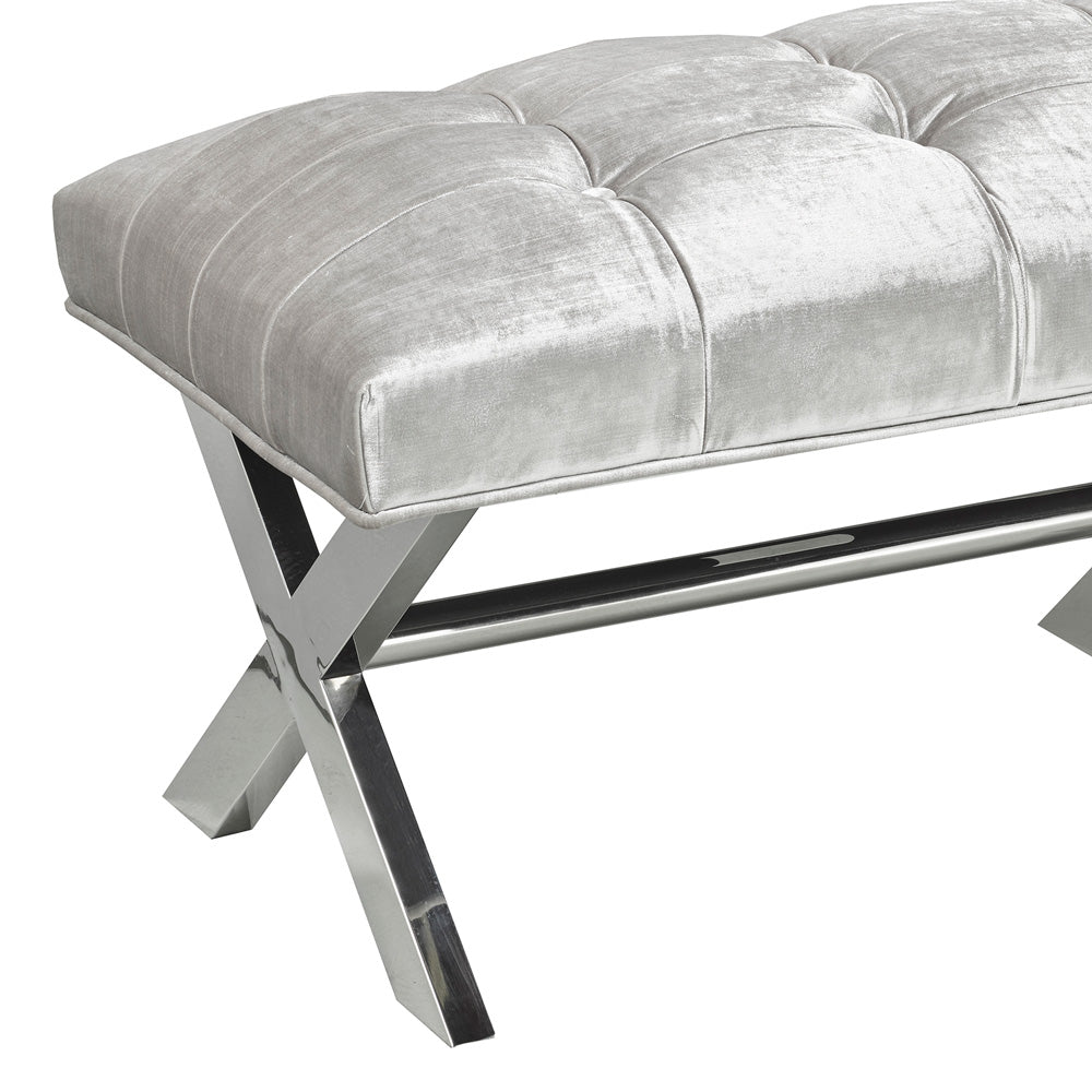 Elegance Charcoal Tufted Velvet Bench with Geometric Stainless Steel Base