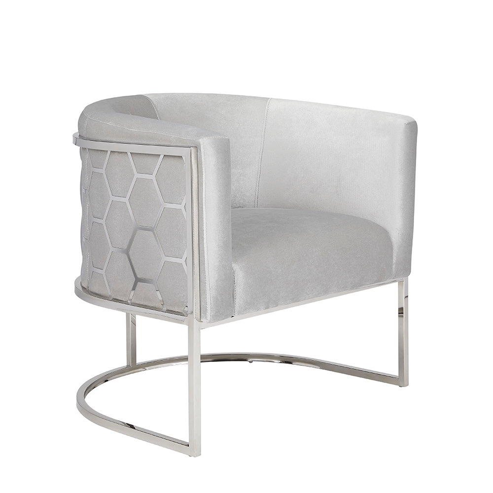 Plush Grey Velvet Accent Chair with Honeycomb Metal Back