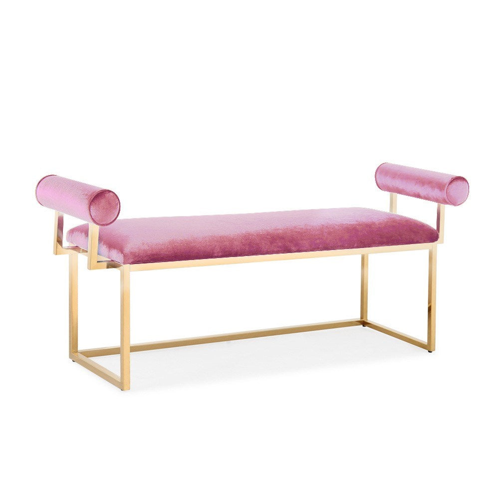 Elegant Pink Velvet Bench with Polished Gold Base