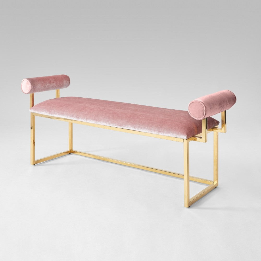 Elegant Pink Velvet Bench with Polished Gold Base