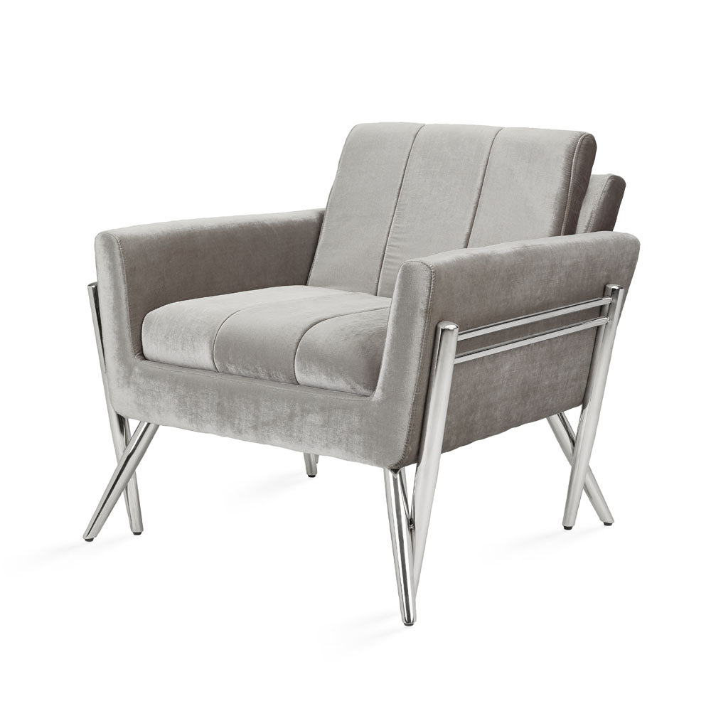 Morgan Velvet Elegance Accent Chair in Grey with Crisscross Steel Legs