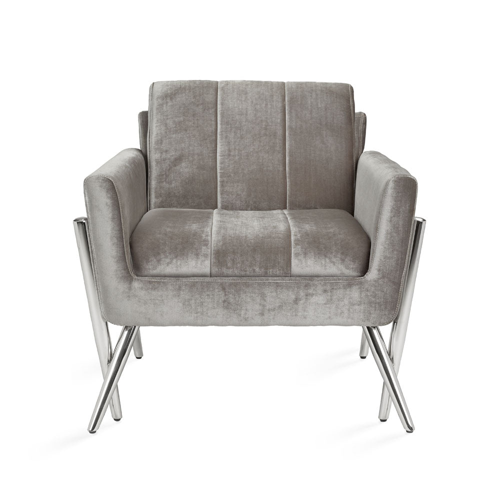 Morgan Velvet Elegance Accent Chair in Grey with Crisscross Steel Legs