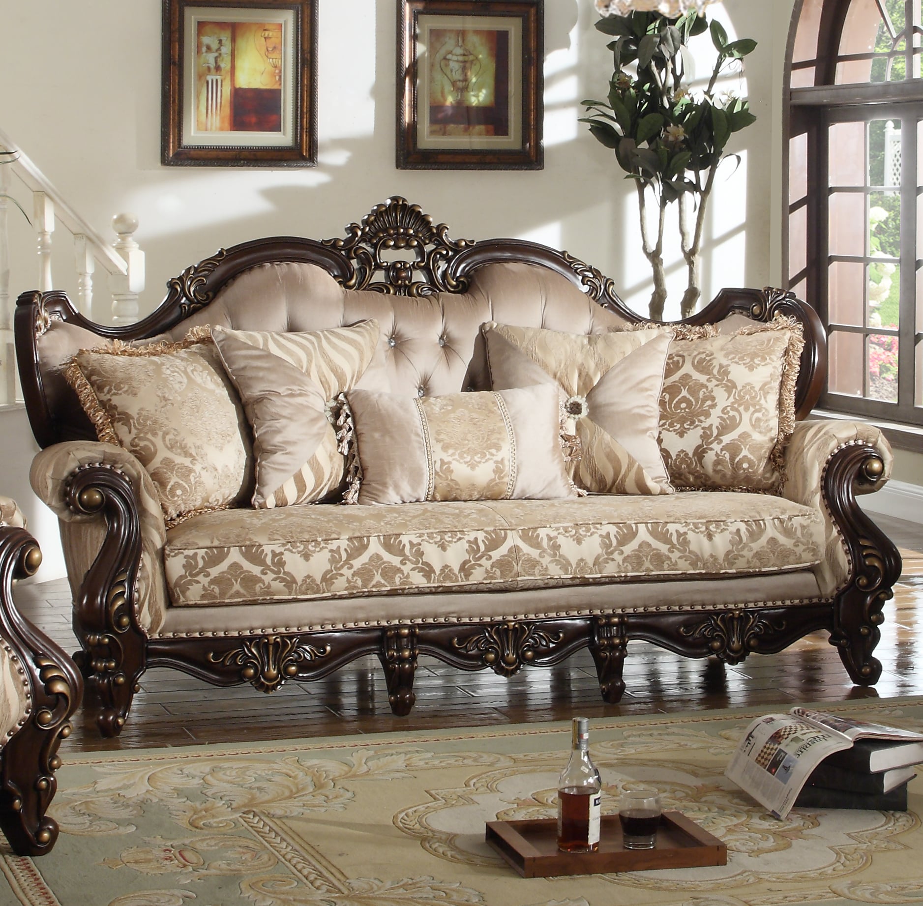 Jade classic cherry wood and beige silk fabric sofa