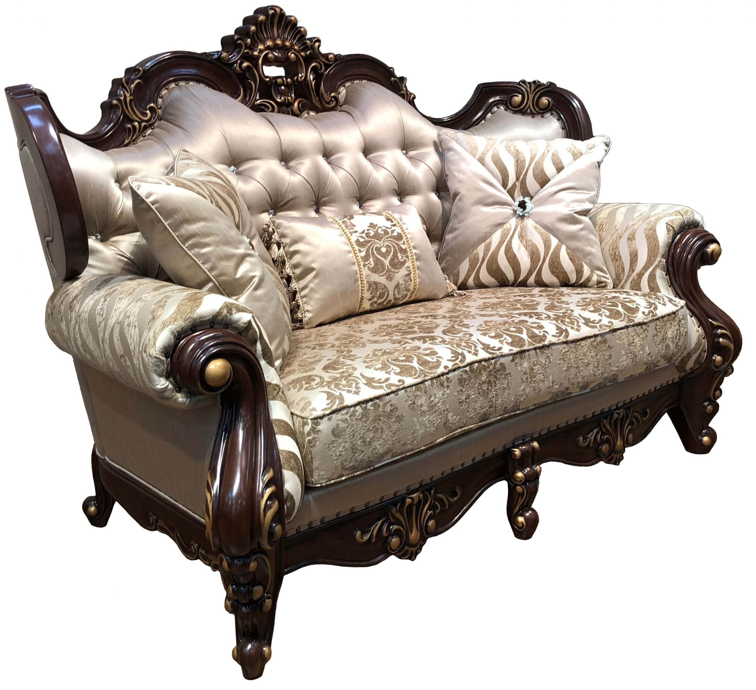 Jade classic cherry wood and beige silk fabric sofa