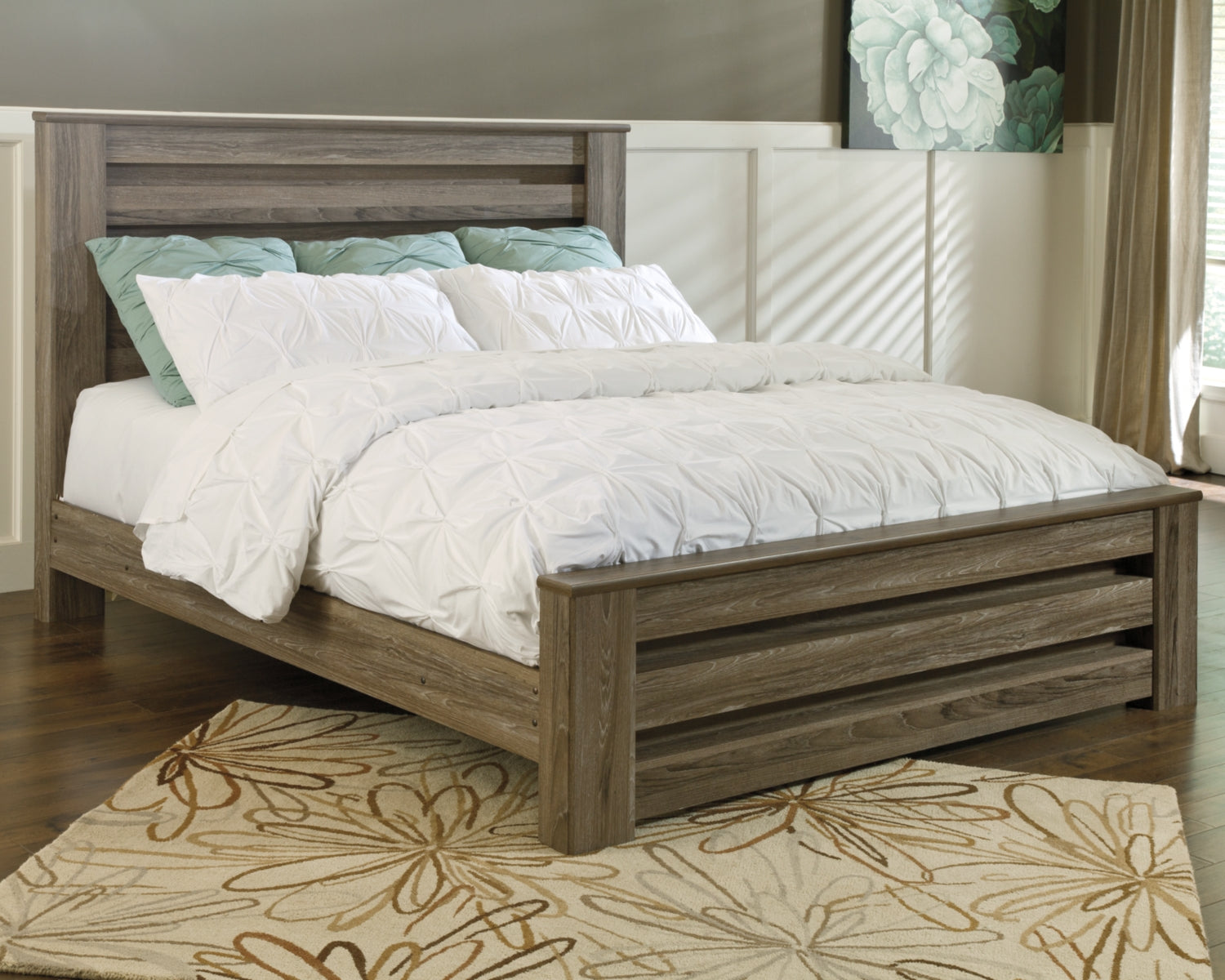 Zelen King Panel Bed with Mirrored Dresser and Nightstand