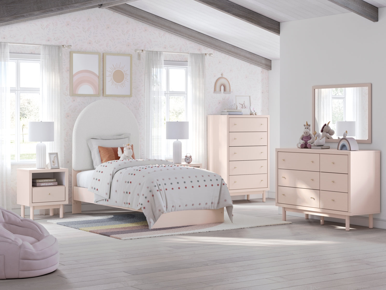 Wistenpine Twin Upholstered Panel Bed with Mirrored Dresser, Chest and 2 Nightstands