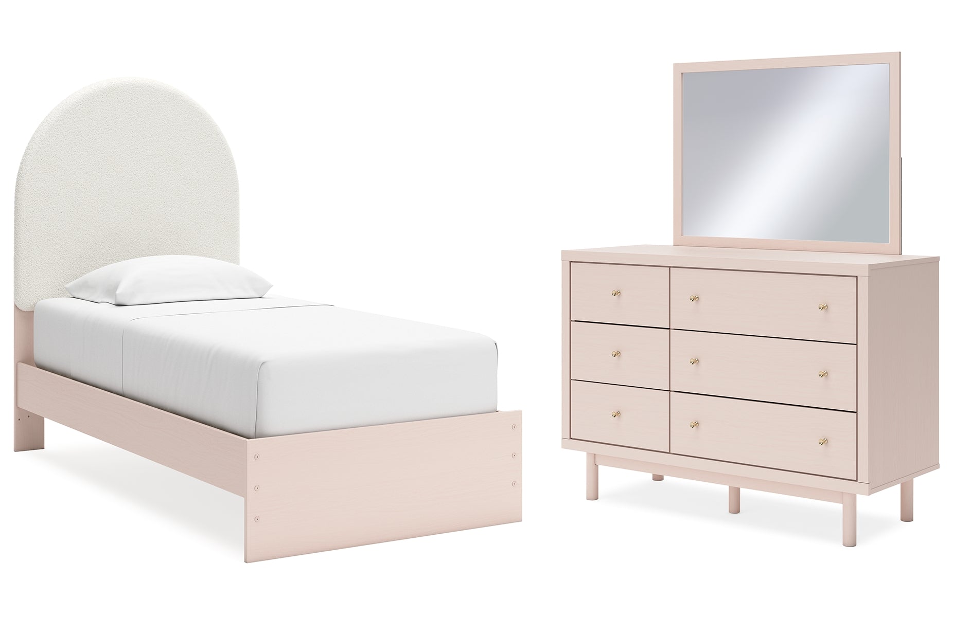 Wistenpine Twin Upholstered Panel Bed, Dresser and Mirror