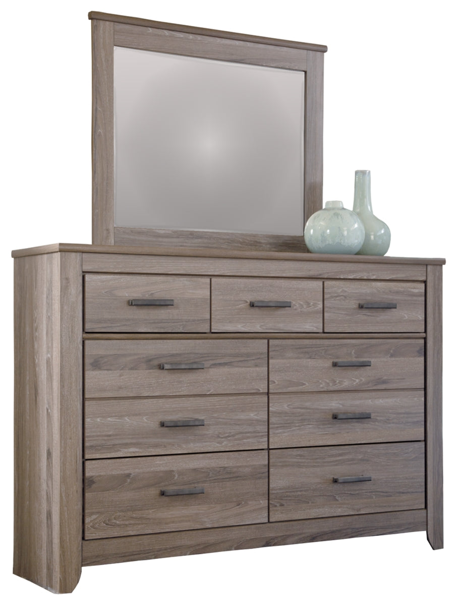 Zelen King Panel Bed with Mirrored Dresser and Nightstand