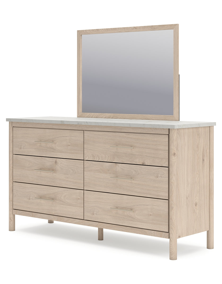 Cadmori Queen Upholstered Panel Bed with Mirrored Dresser, Chest and Nightstand