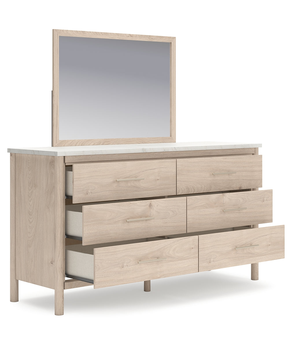 Cadmori Queen Upholstered Panel Bed with Mirrored Dresser, Chest and Nightstand