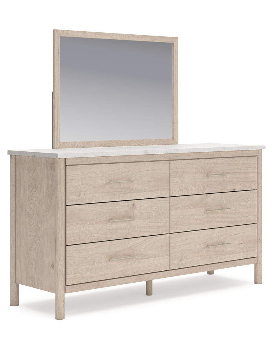 Cadmori Queen Upholstered Panel Bed with Mirrored Dresser, Chest and Nightstand