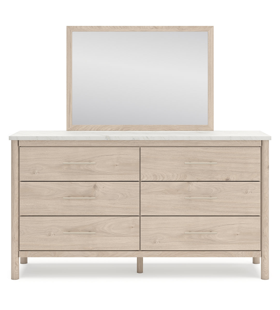 Cadmori Queen Upholstered Panel Bed with Mirrored Dresser, Chest and Nightstand