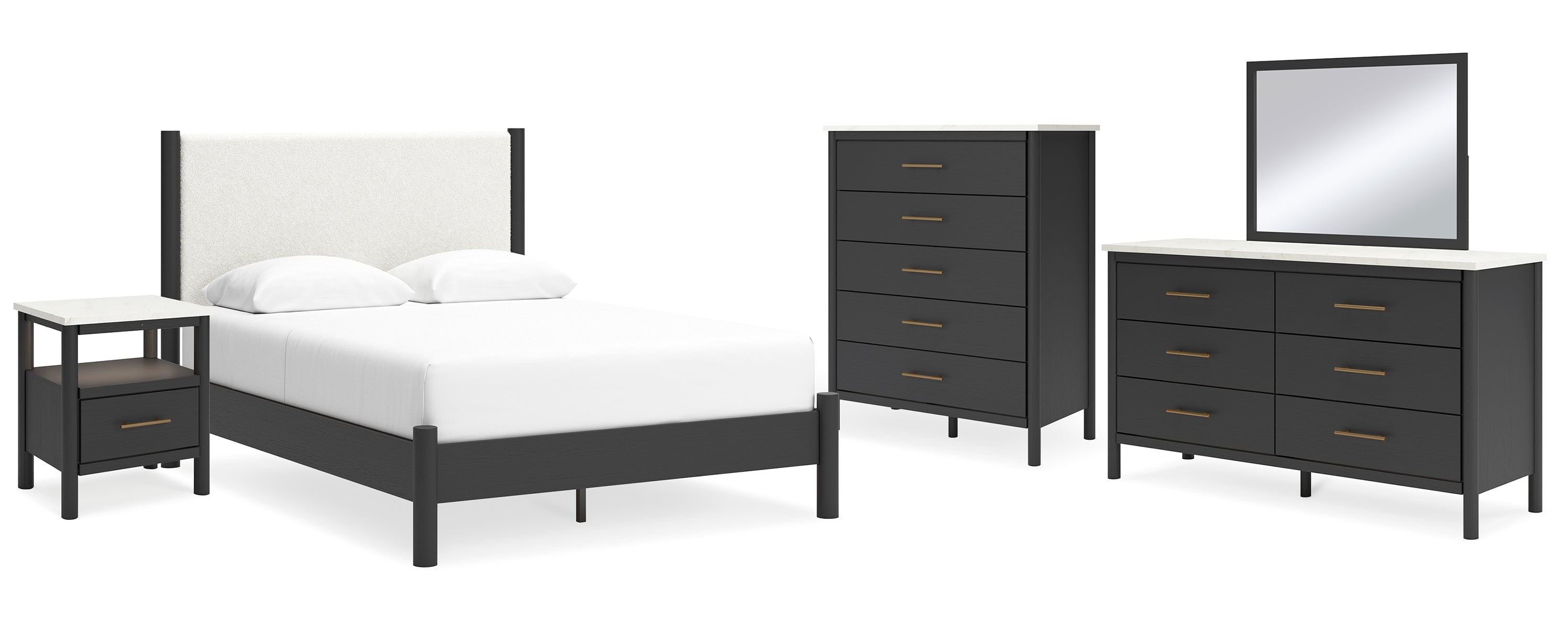 Cadmori Queen Upholstered Panel Bed with Mirrored Dresser, Chest and Nightstand