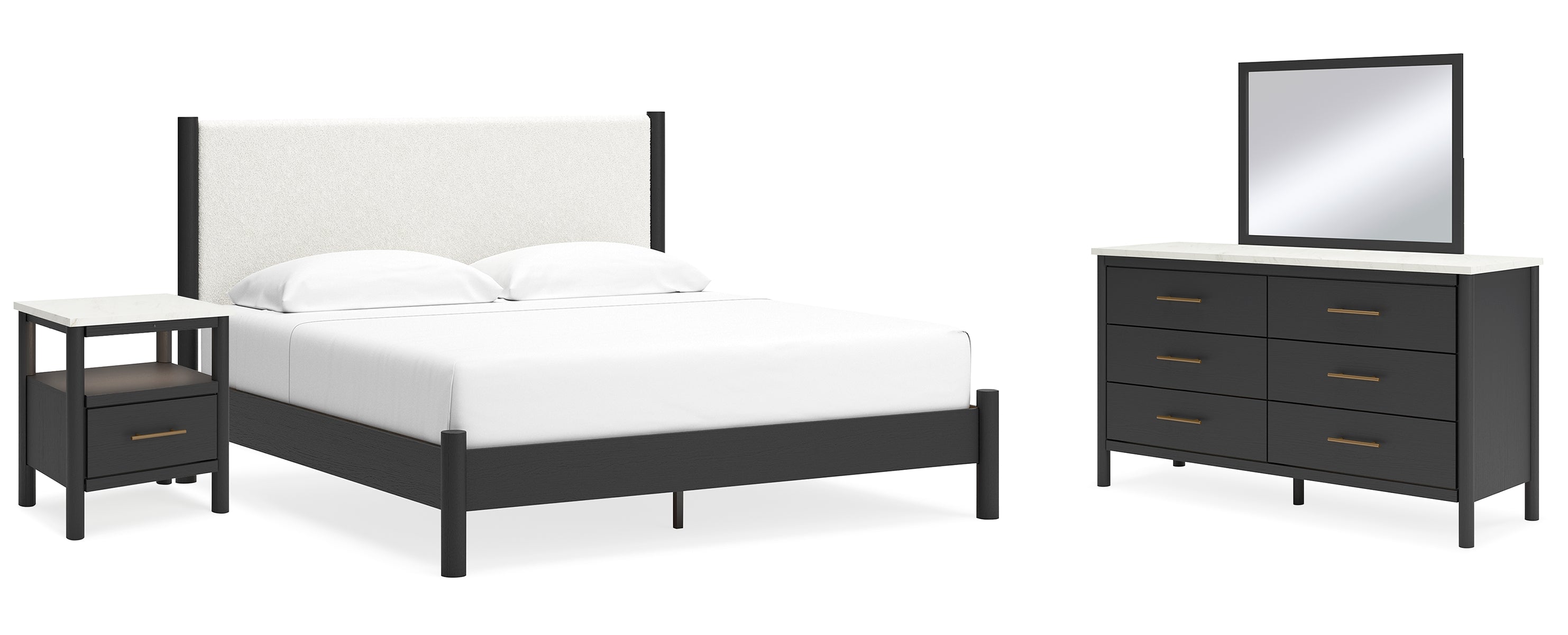 Cadmori King Upholstered Panel Bed with Mirrored Dresser and Nightstand