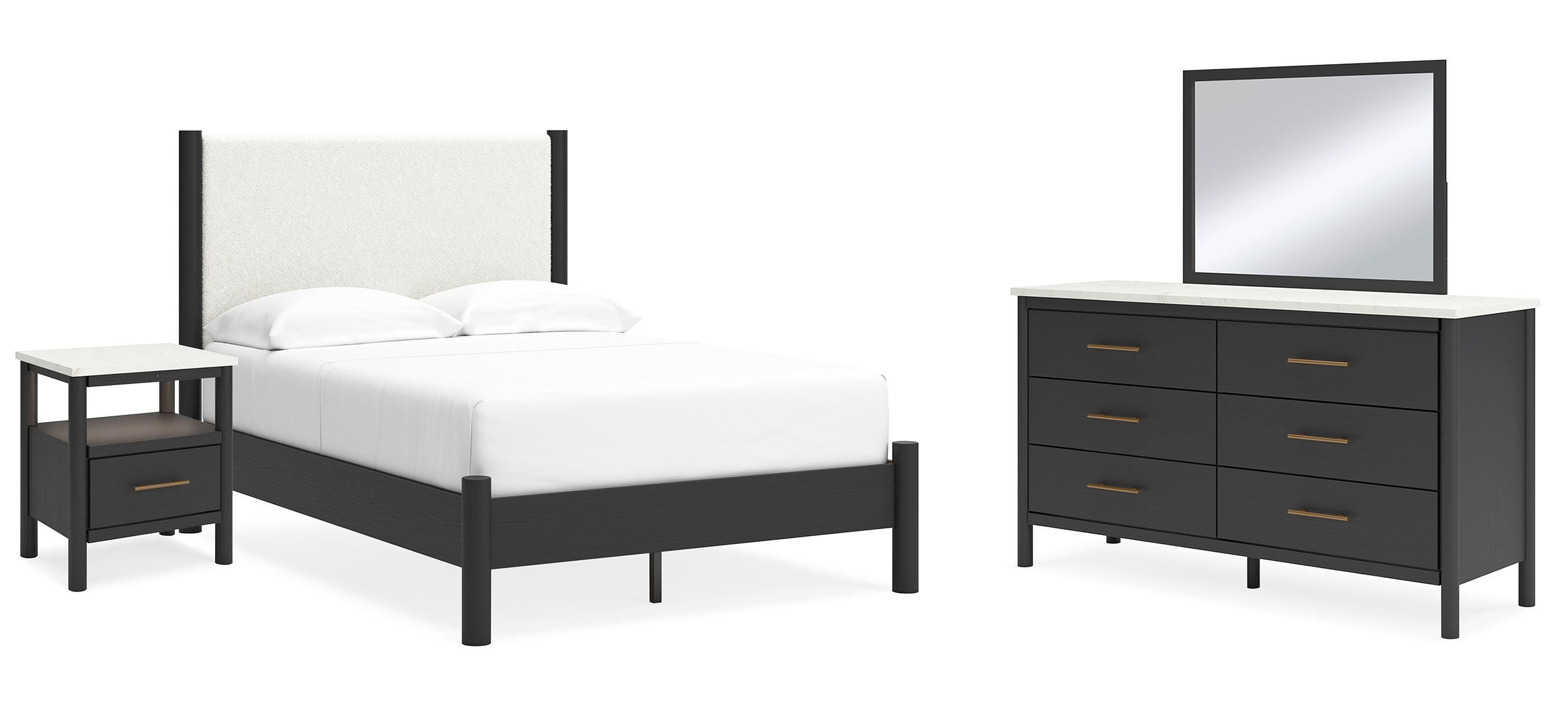 Cadmori Full Upholstered Panel Bed with Mirrored Dresser and Nightstand