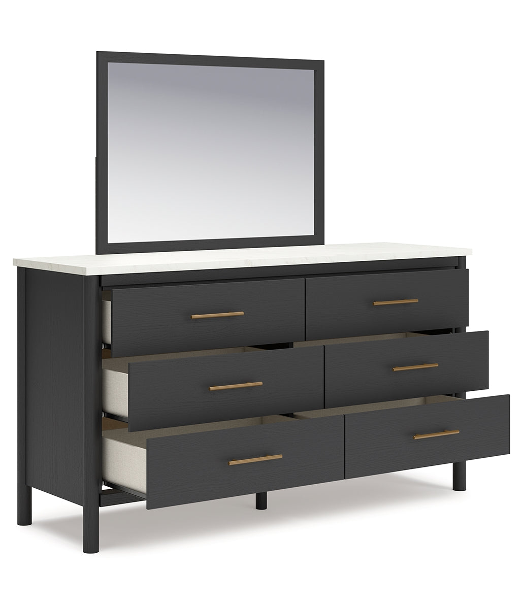 Cadmori King Upholstered Panel Bed with Mirrored Dresser and Nightstand