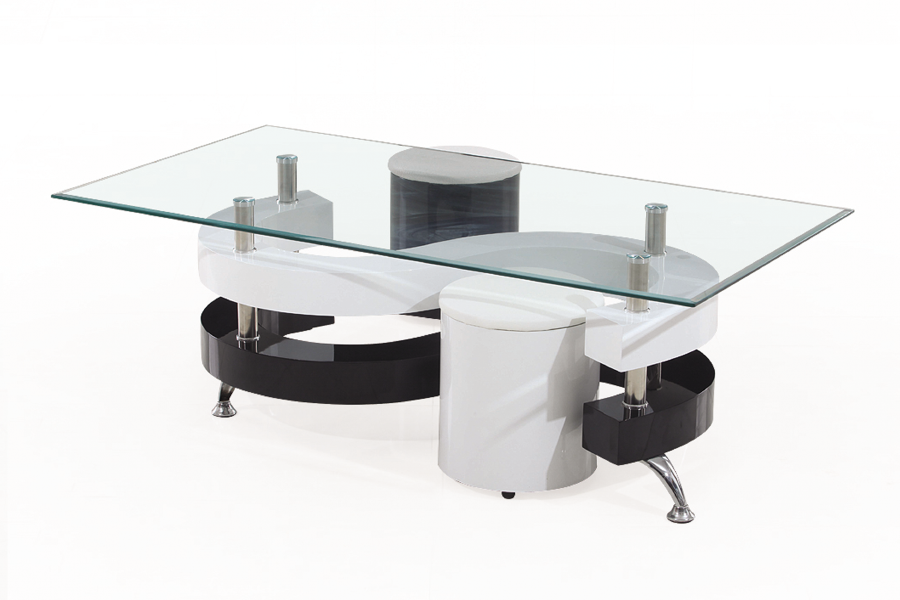 Modern Glass Coffee Table with Black and White High Gloss Finish – Includes 2 Stools