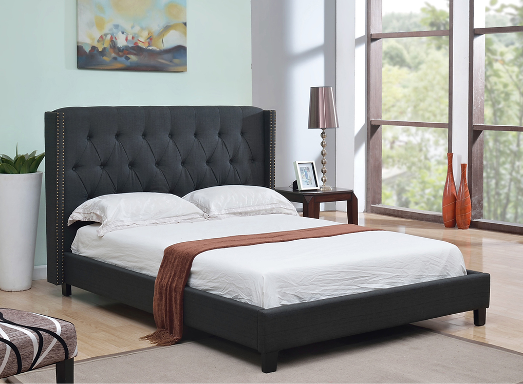 Elegant Charcoal Linen Upholstered Bed with Tufted Wingback Headboard