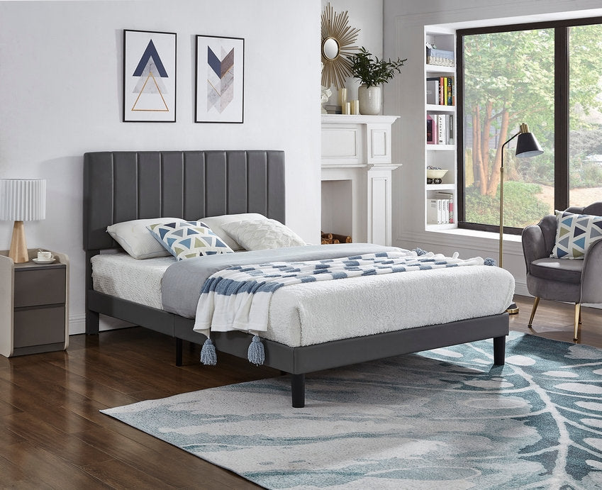 Modern Grey PU Upholstered Bed with Adjustable Height Headboard and Vertical Tufting