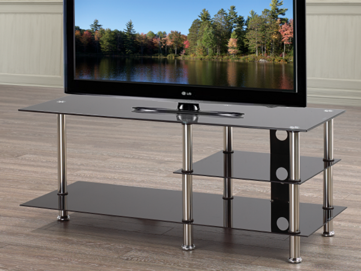 Sleek Black Tempered Glass TV Stand with Chrome Accents – Modern Entertainment Center