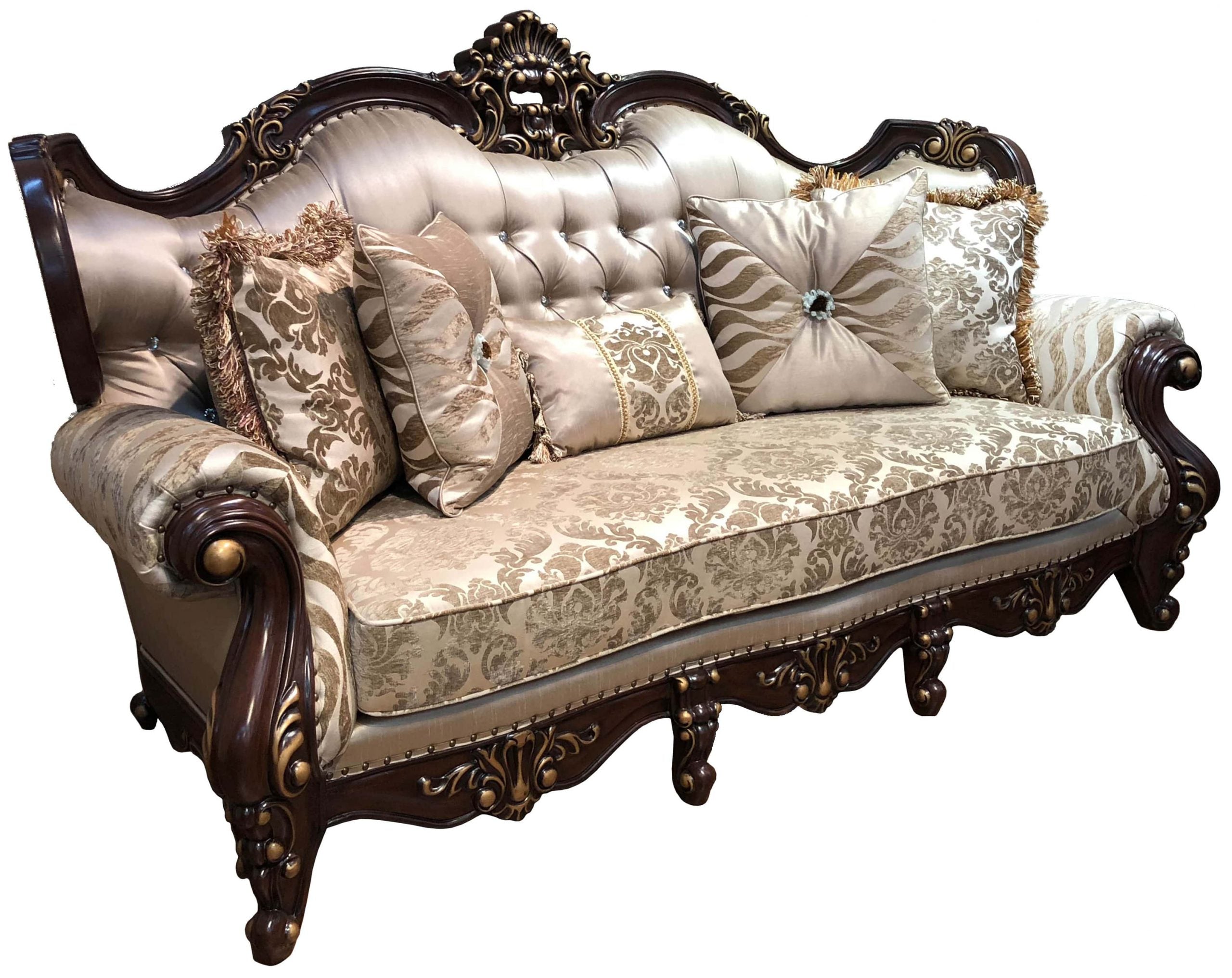 Jade classic cherry wood and beige silk fabric sofa