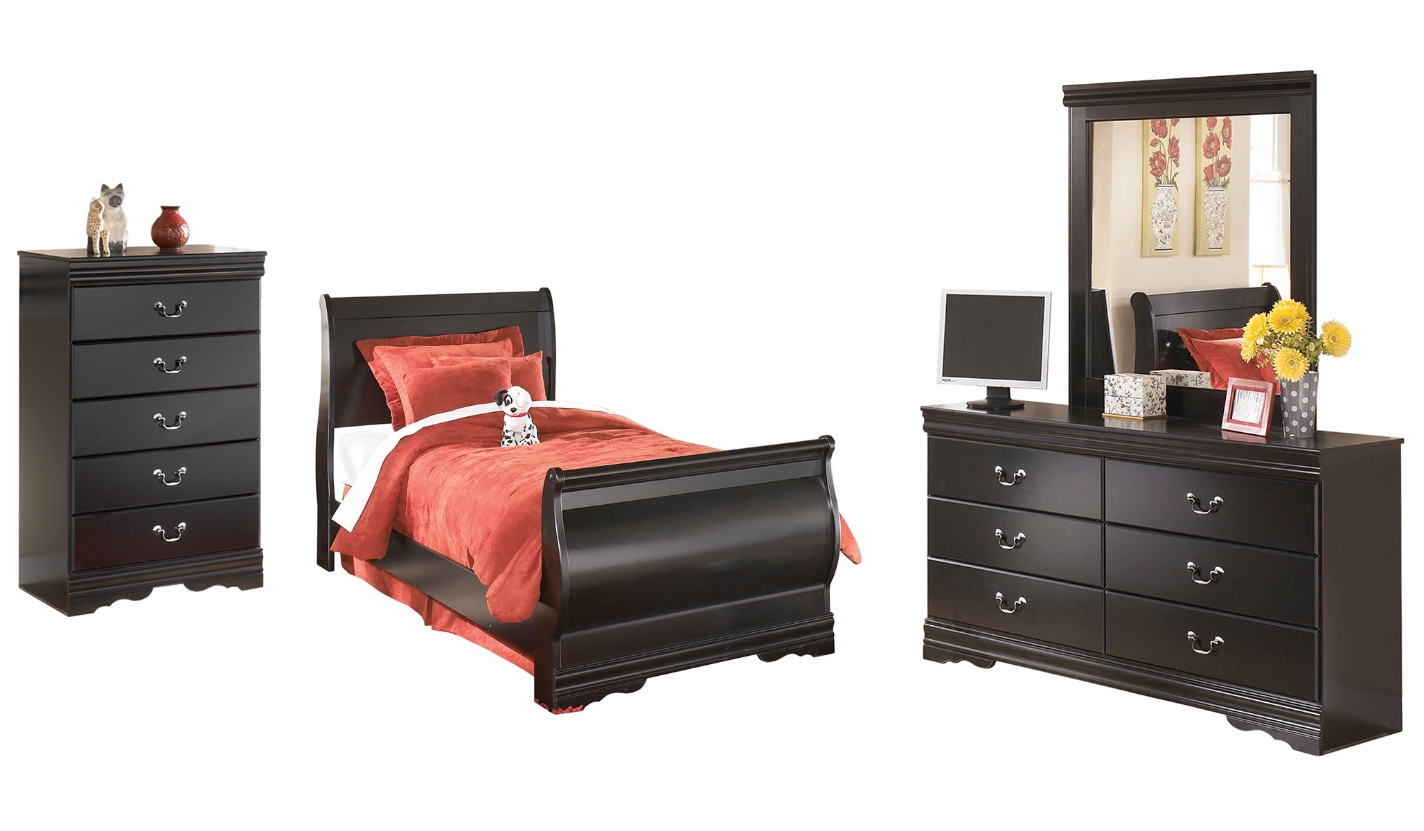 Huey Vineyard Twin Sleigh Bed with Mirrored Dresser and Chest