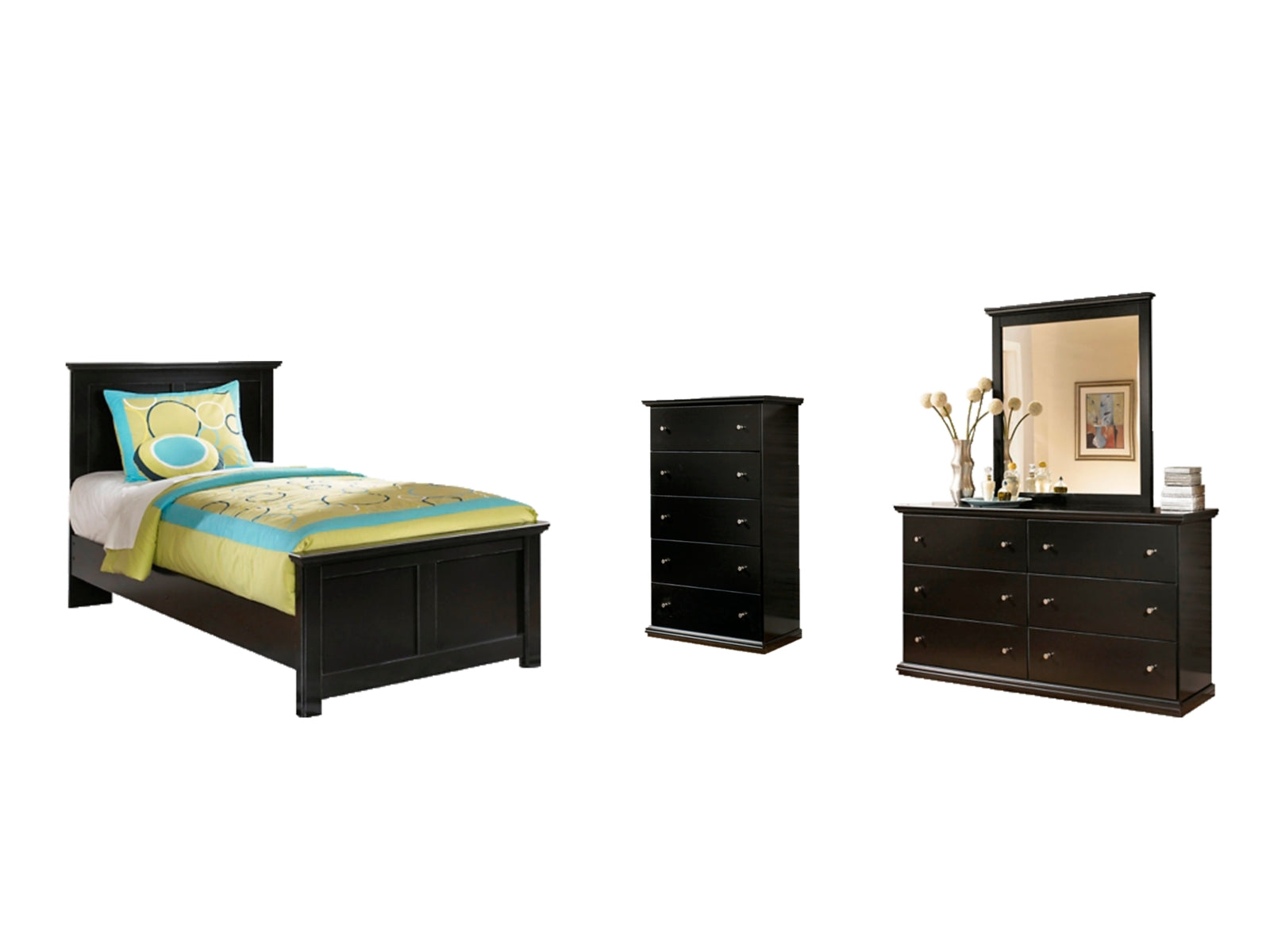 Maribel Twin Panel Bed with Mirrored Dresser and Chest