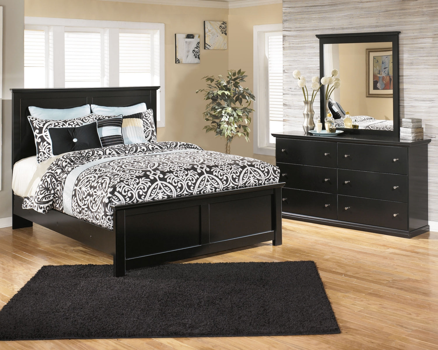 Maribel Queen Panel Bed with Mirrored Dresser