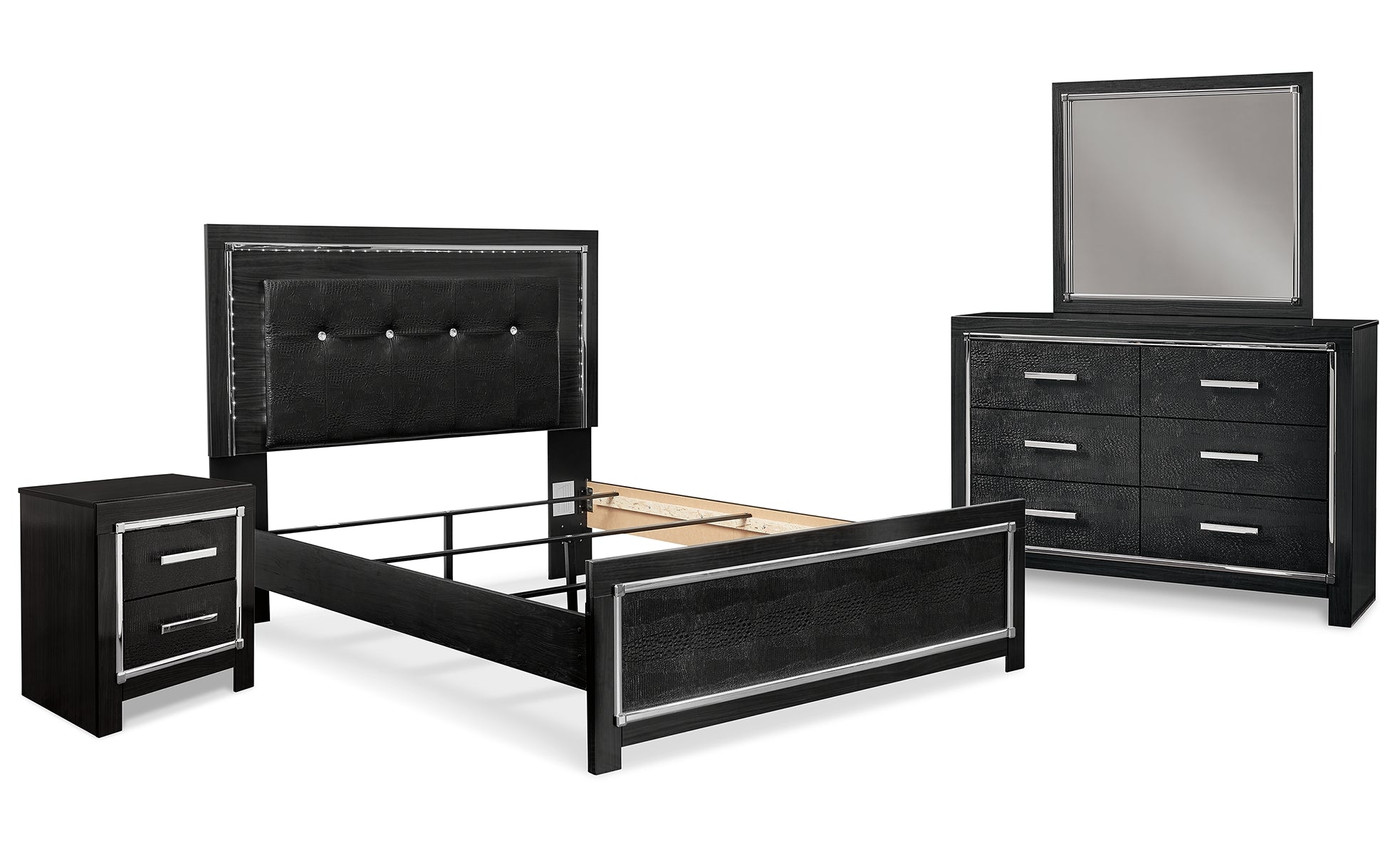 Kaydell Queen Upholstered Panel Bed with Mirrored Dresser and Nightstand