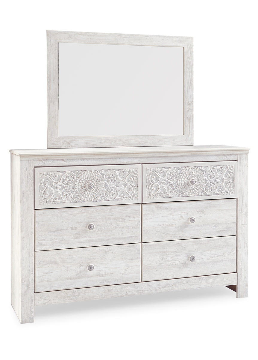 Paxberry King Panel Bed with Mirrored Dresser and Chest