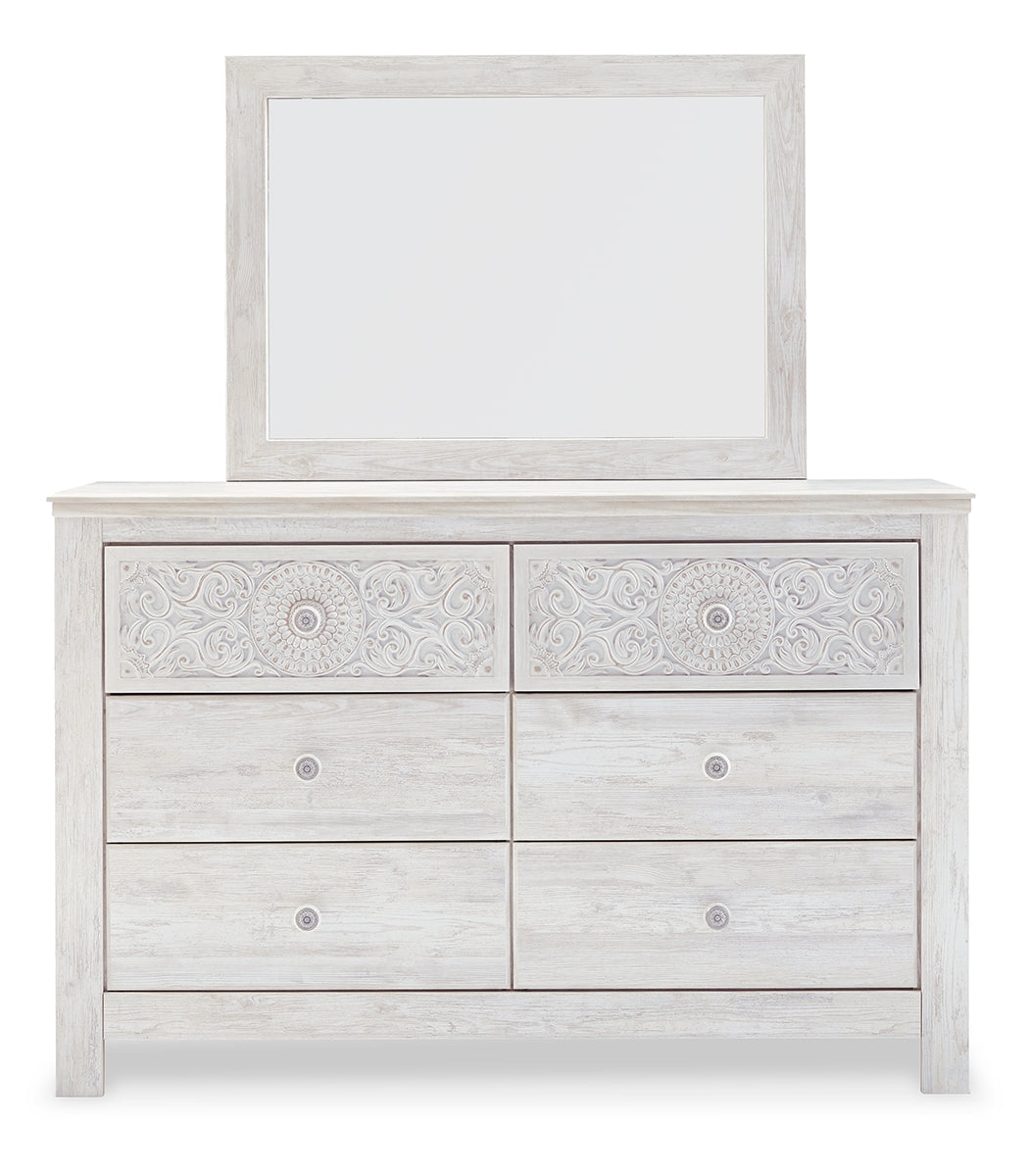 Paxberry King Panel Bed with Mirrored Dresser and Chest