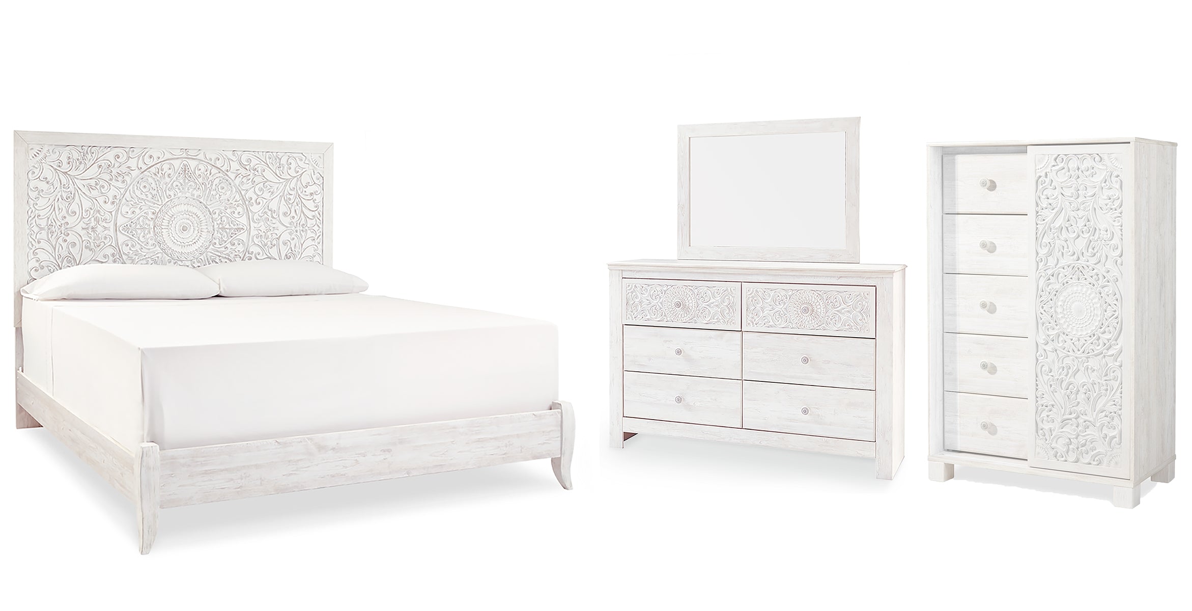 Paxberry King Panel Bed with Mirrored Dresser and Chest