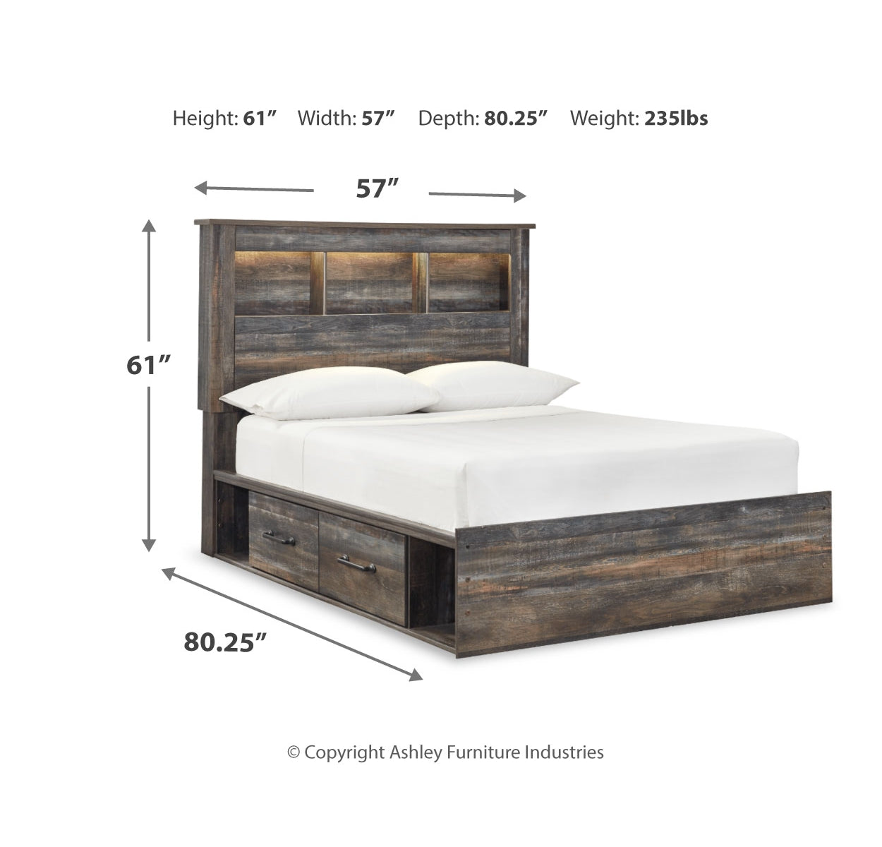 Drystan Full Bookcase Bed with 4 Storage Drawers with Mirrored Dresser, Chest and 2 Nightstands