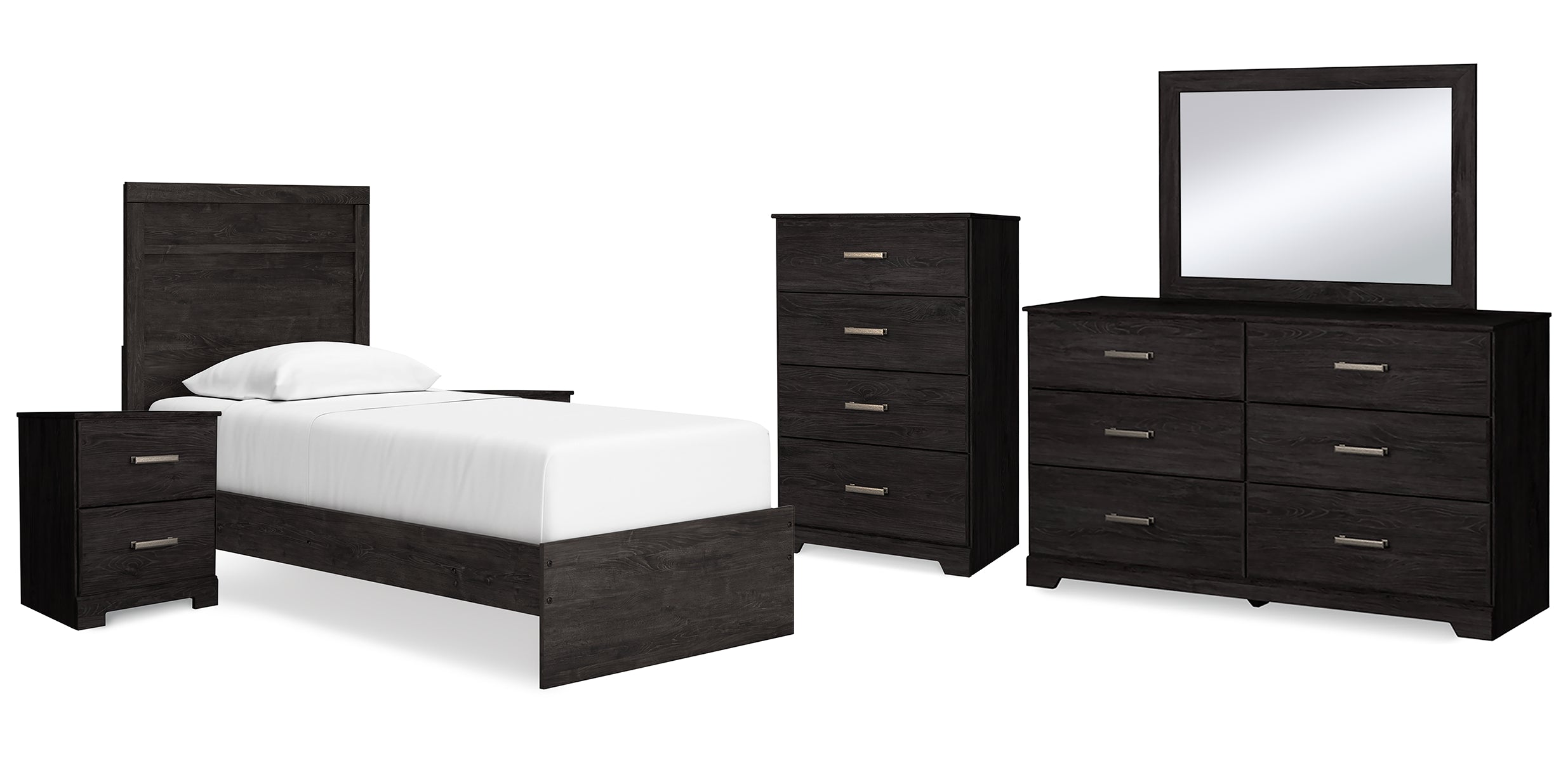 Belachime Twin Panel Bed with Mirrored Dresser, Chest and 2 Nightstands