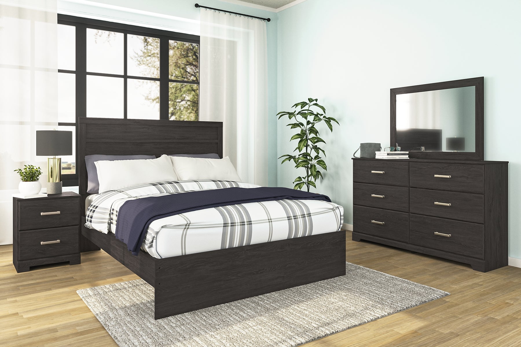 Belachime Twin Panel Bed with Mirrored Dresser, Chest and Nightstand