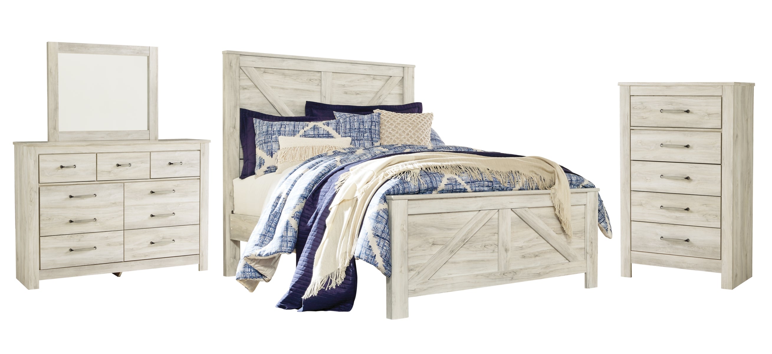 Bellaby Queen Crossbuck Panel Bed with Mirrored Dresser and Chest