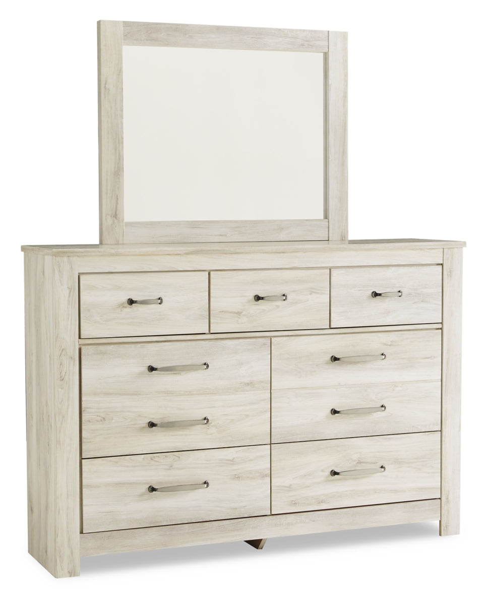 Bellaby King Crossbuck Panel Bed with Mirrored Dresser, Chest and 2 Nightstands