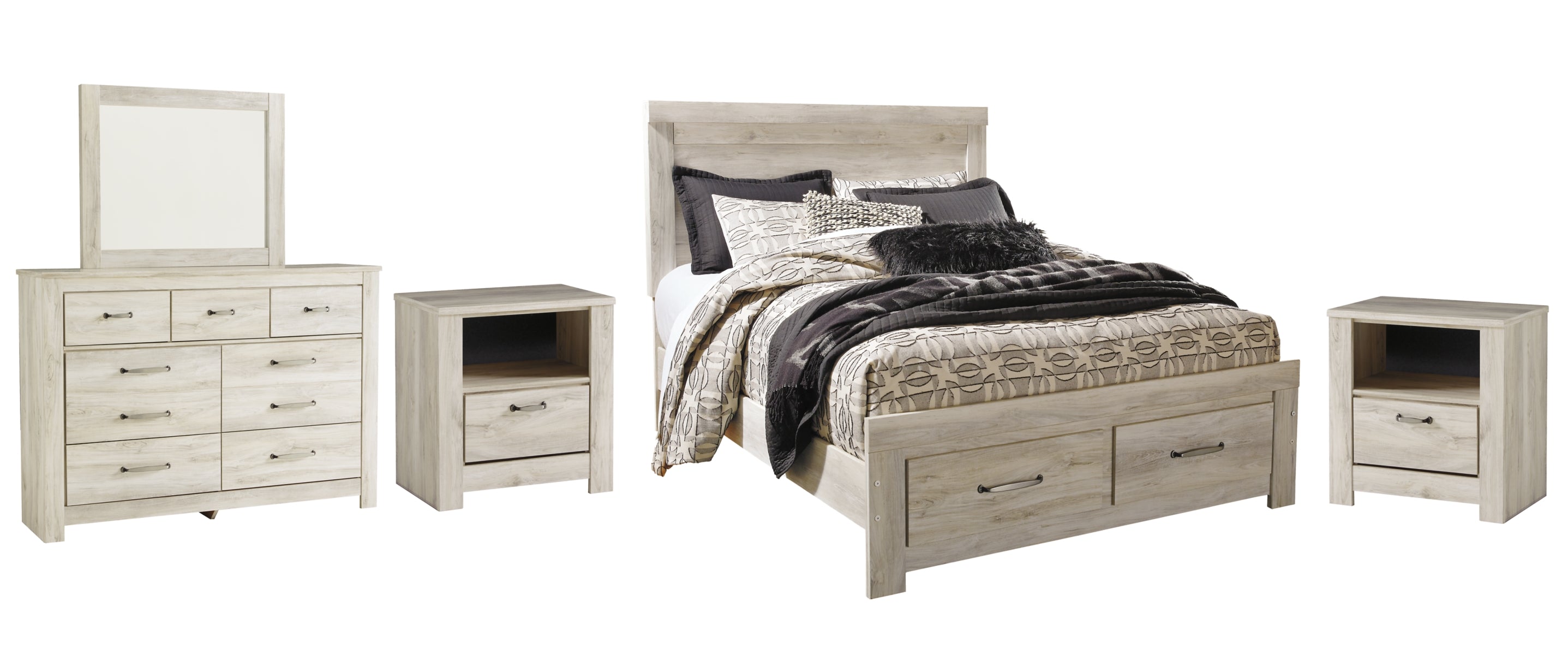 Bellaby Queen Platform Bed with 2 Storage Drawers with Mirrored Dresser and 2 Nightstands