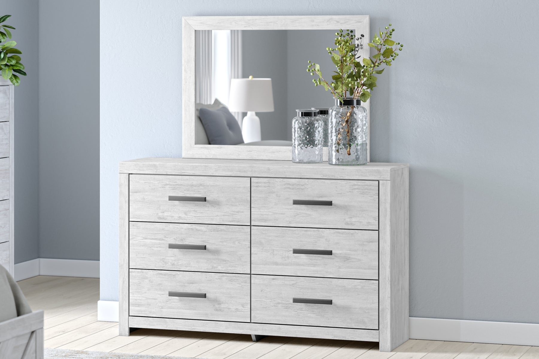 Cayboni King Panel Bed with Mirrored Dresser, Chest and 2 Nightstands