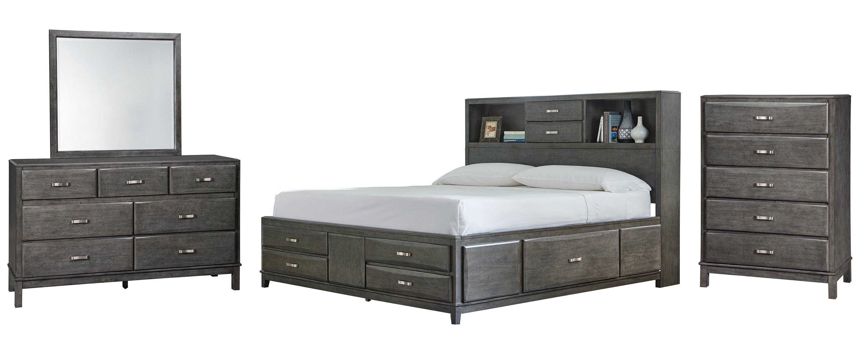 Caitbrook California King Storage Bed with 8 Storage Drawers with Mirrored Dresser and Chest