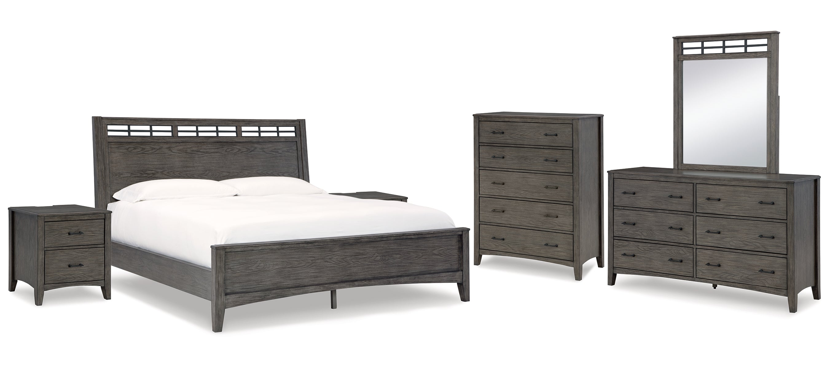 Montillan Queen Panel Bed with Mirrored Dresser, Chest and 2 Nightstands