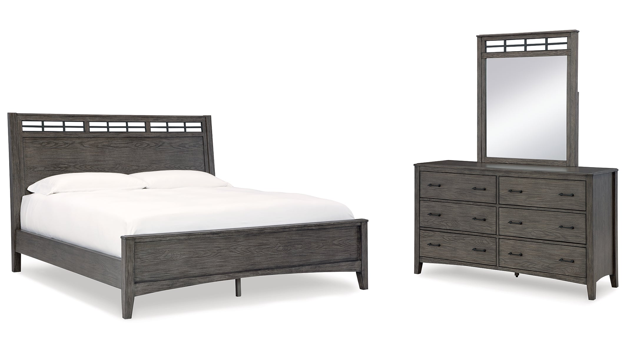 Montillan King Panel Bed with Mirrored Dresser