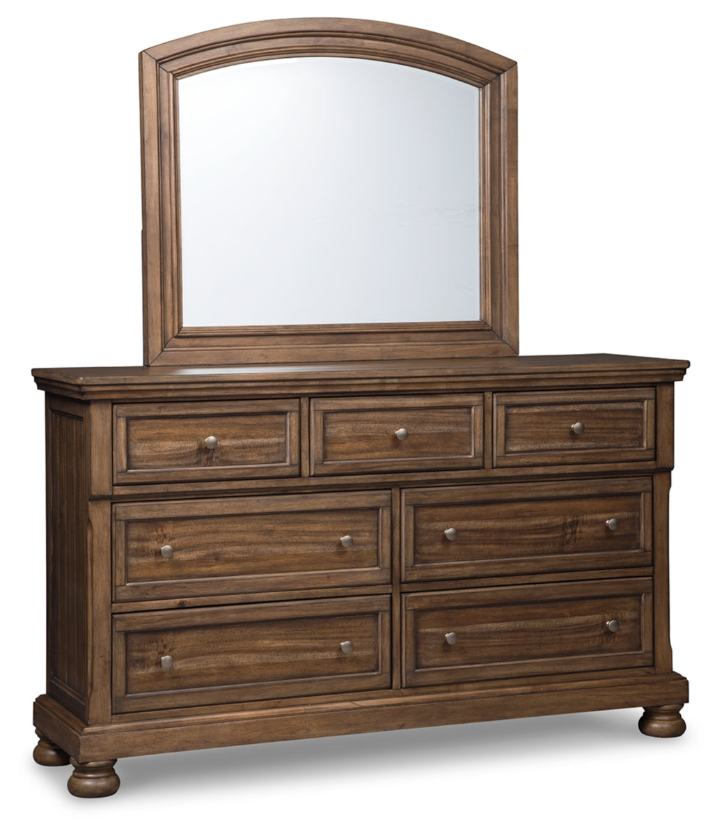 Flynnter King Panel Bed with 2 Storage Drawers with Mirrored Dresser, Chest and 2 Nightstands