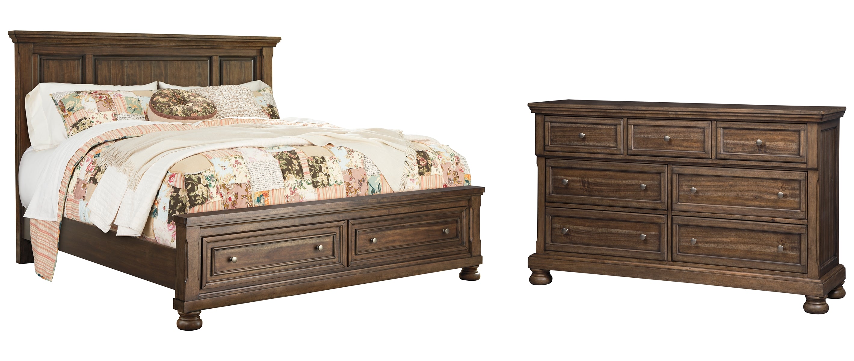 Flynnter Queen Panel Bed with 2 Storage Drawers with Dresser