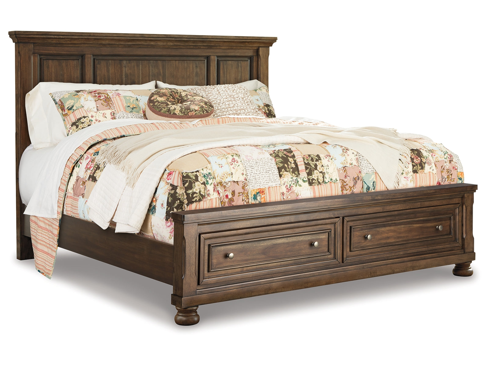 Flynnter King Panel Bed with 2 Storage Drawers with Mirrored Dresser, Chest and 2 Nightstands