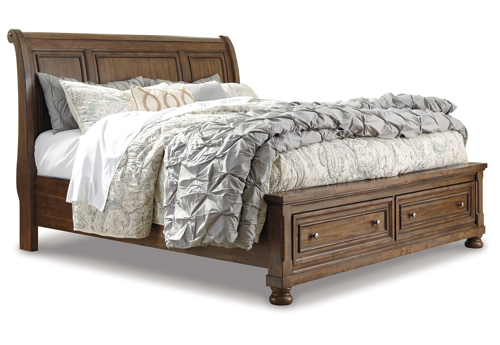 Flynnter King Sleigh Bed with 2 Storage Drawers with Mirrored Dresser, Chest and 2 Nightstands